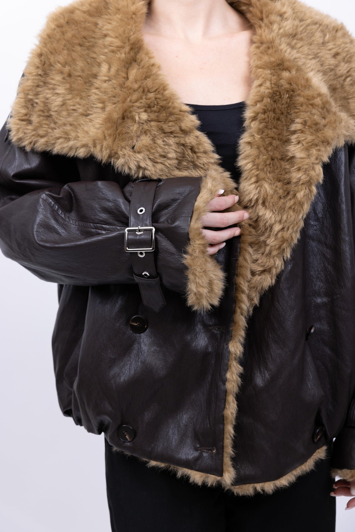 Oversized imitatieleren jack met imitatiebont