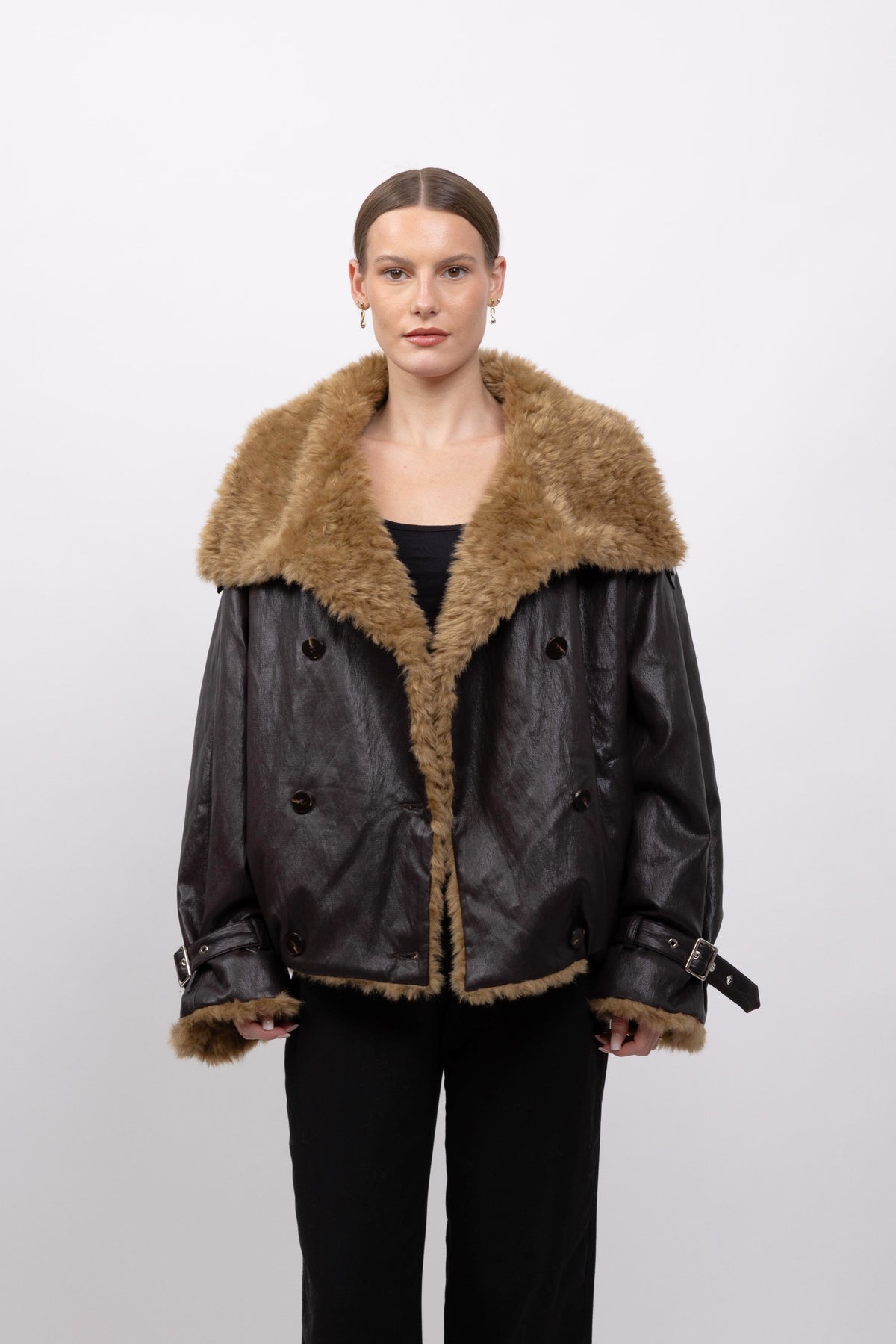 Oversized imitatieleren jack met imitatiebont