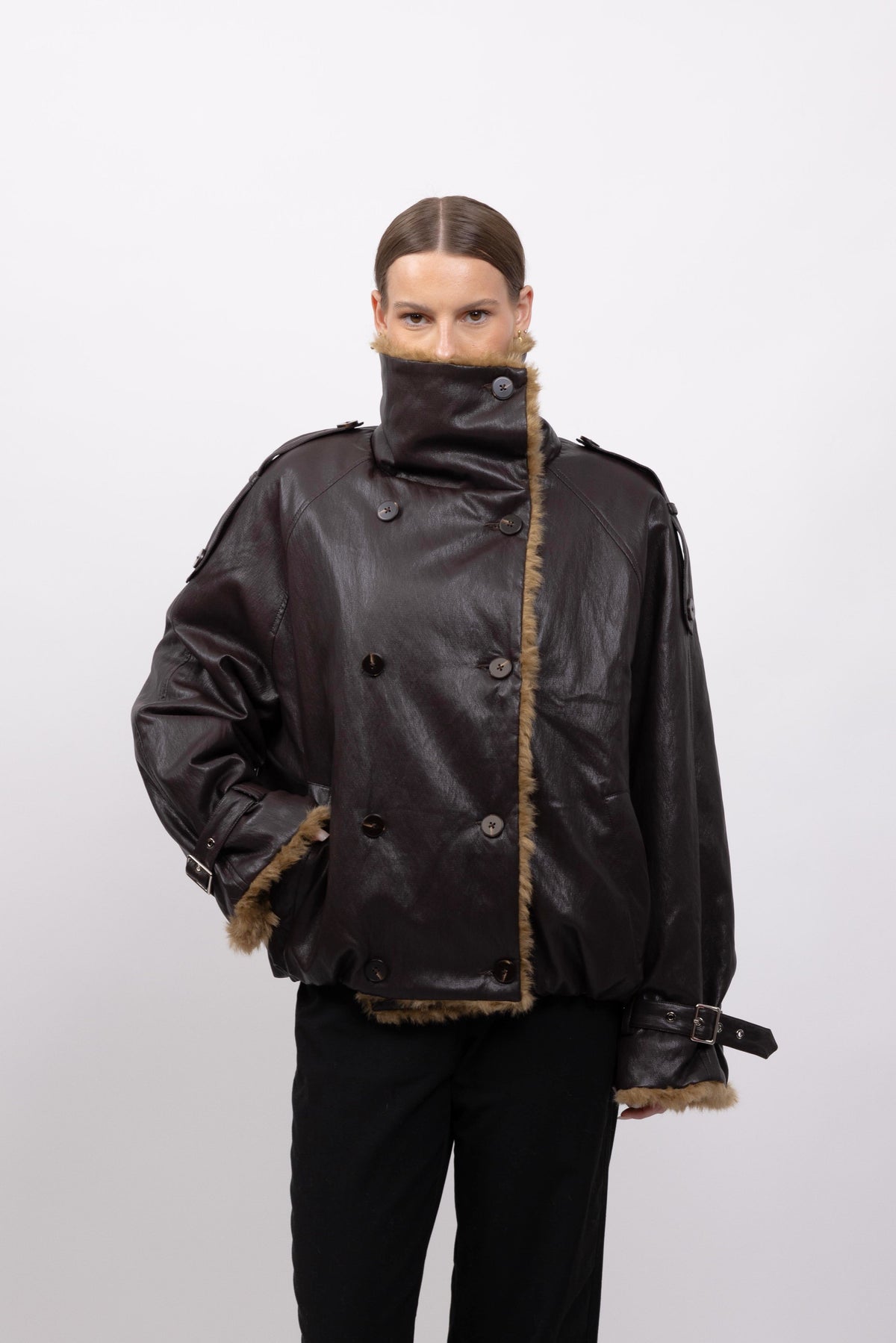 Oversized imitatieleren jack met imitatiebont