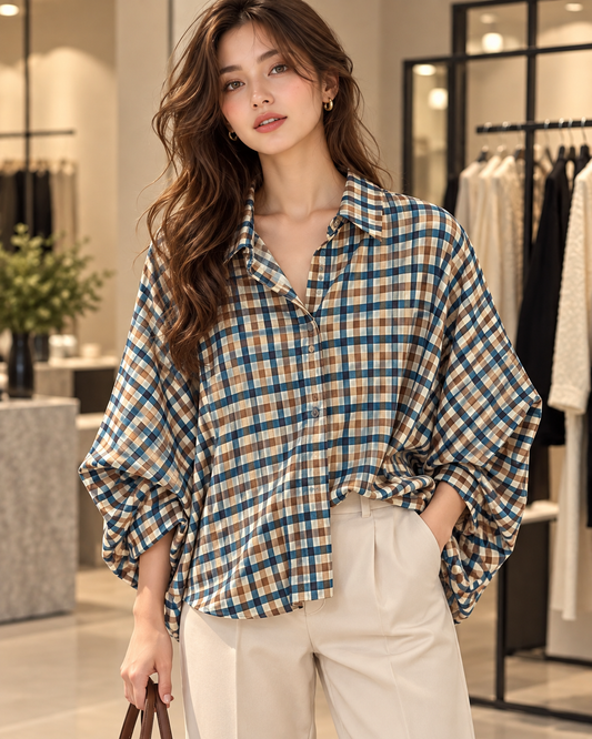 Oversized Check Balloon Blouse