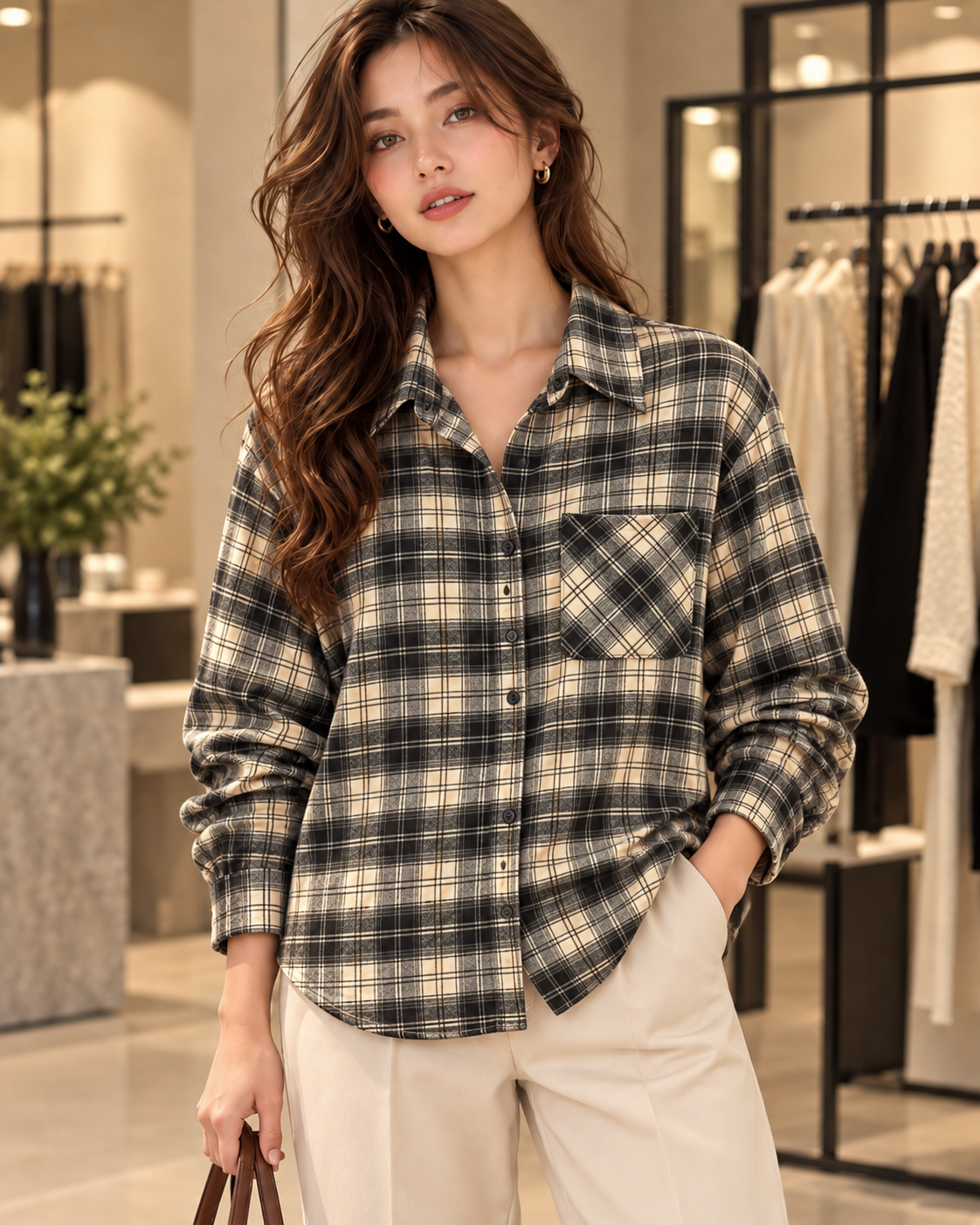 Oversized Check Balloon Blouse