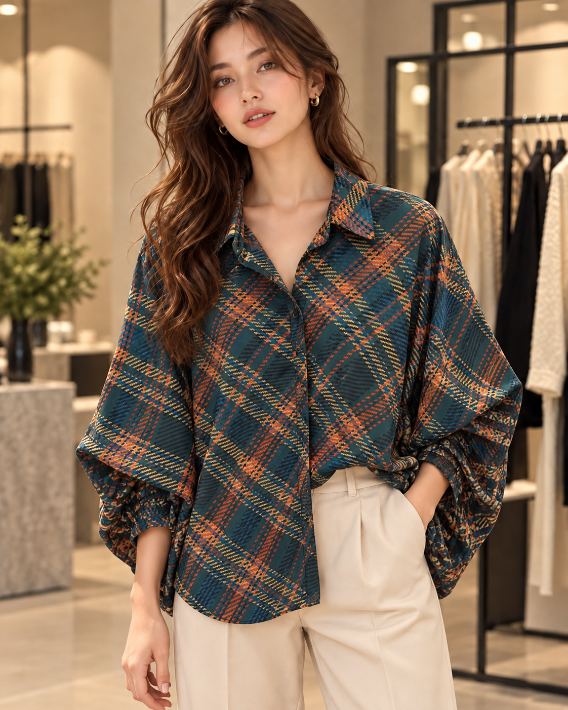 Oversized Check Balloon Blouse