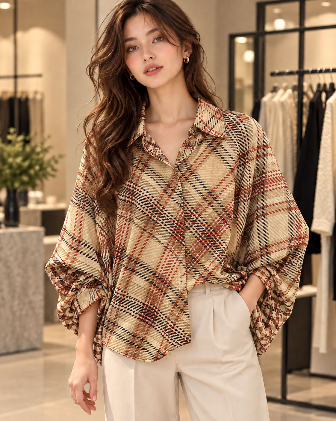 Oversized Check Balloon Blouse