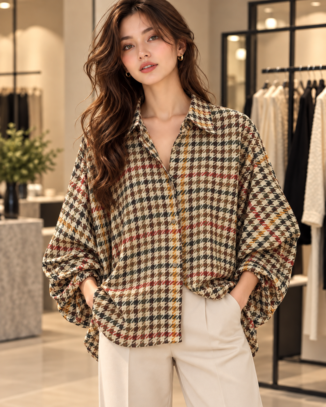 Oversized Check Balloon Blouse