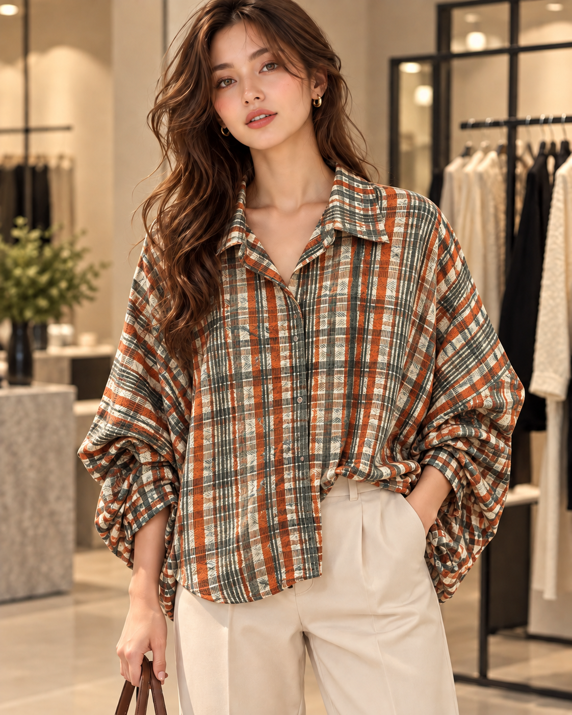 Oversized Check Balloon Blouse