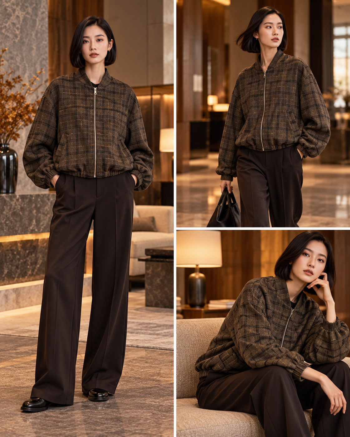 Checked Oversized Bomber Jacket
