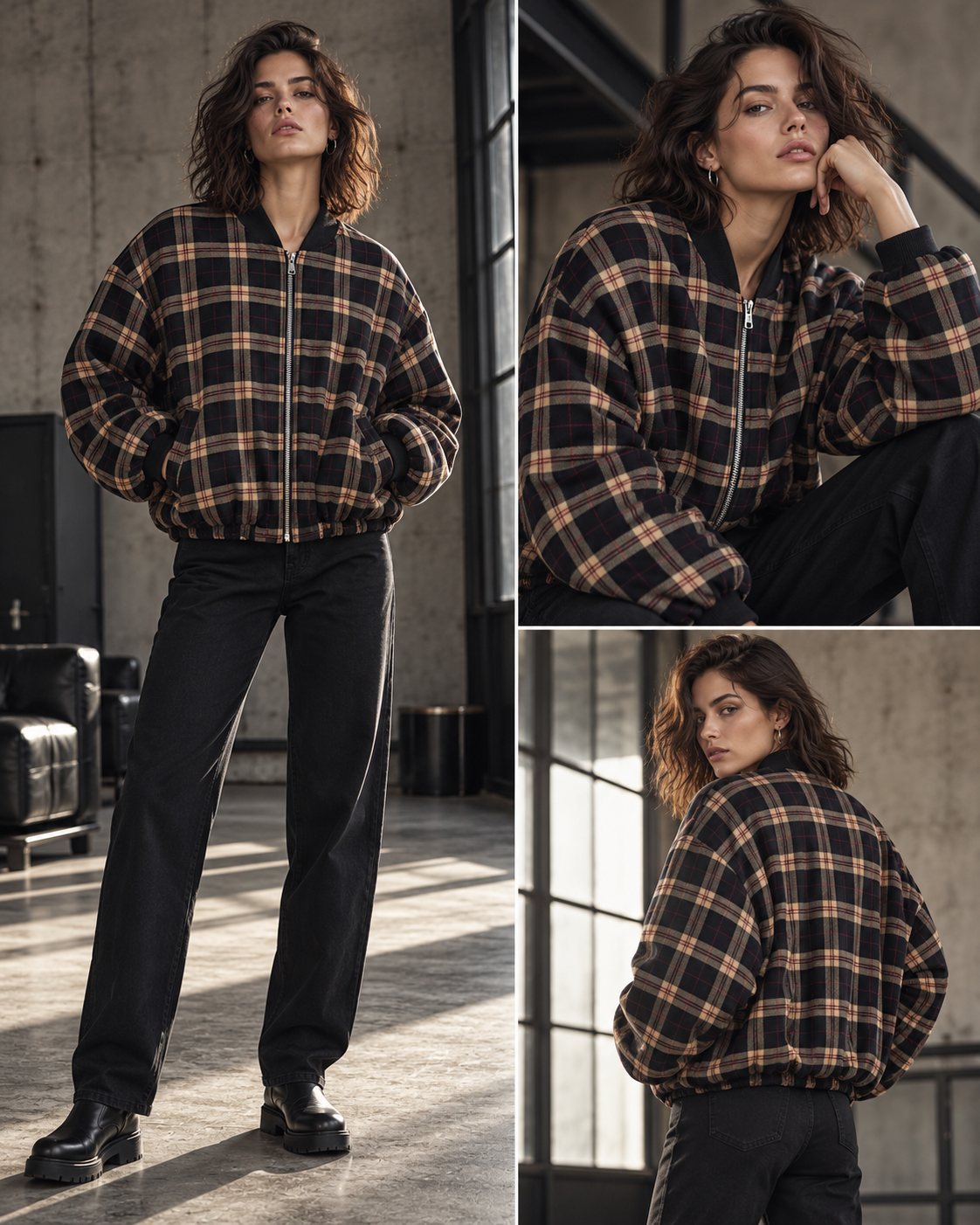 Checked Oversized Bomber Jacket