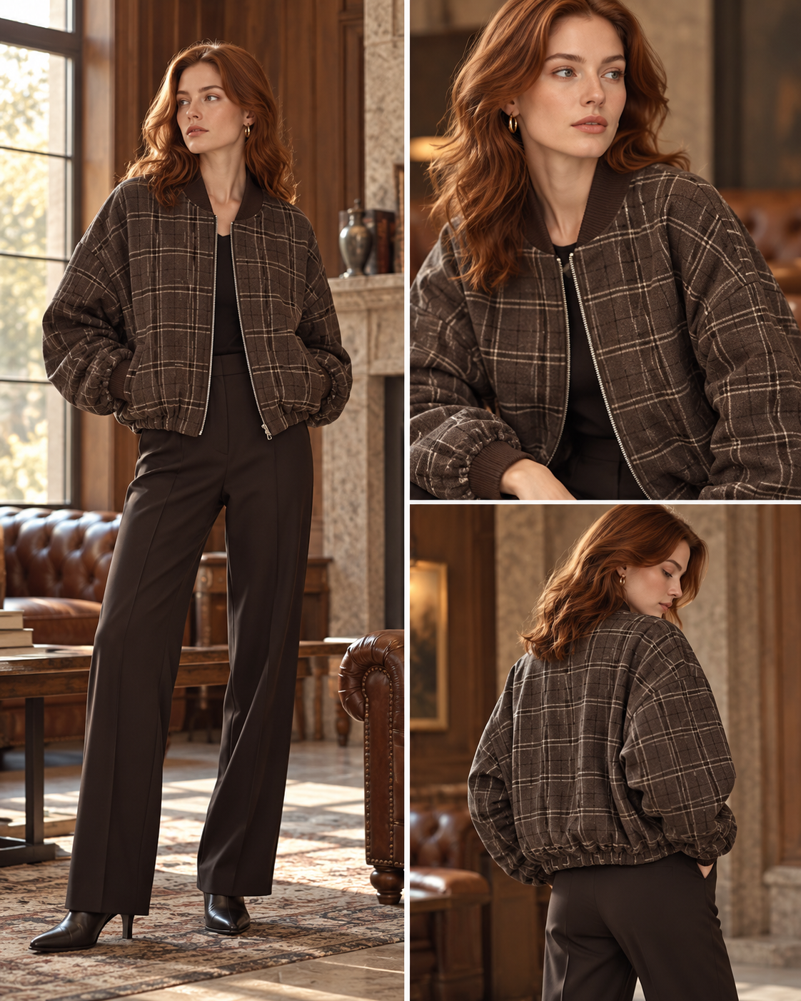 Checked Oversized Bomber Jacket