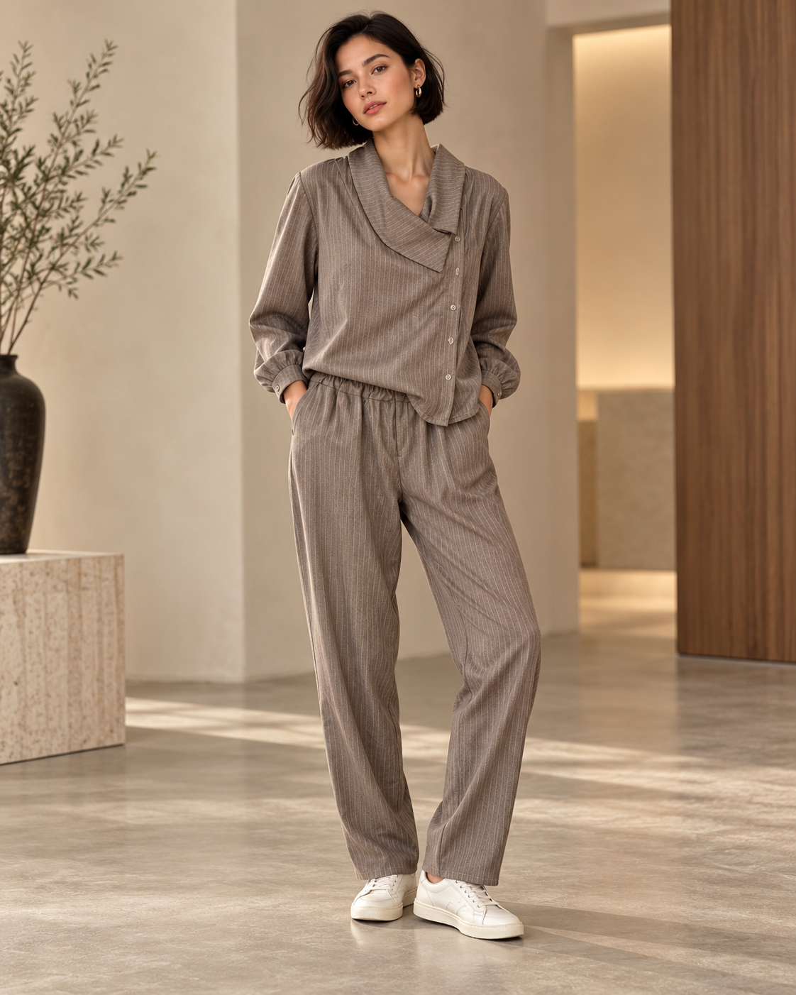 Gestreepte Set – Asymmetric Blouse & Pantalon