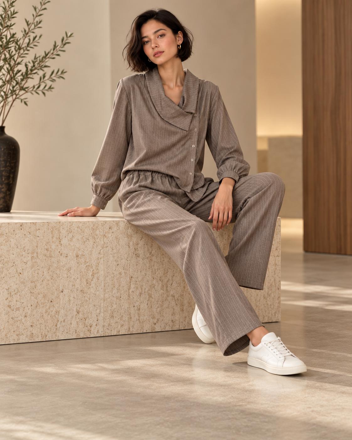 Gestreepte Set – Asymmetric Blouse & Pantalon