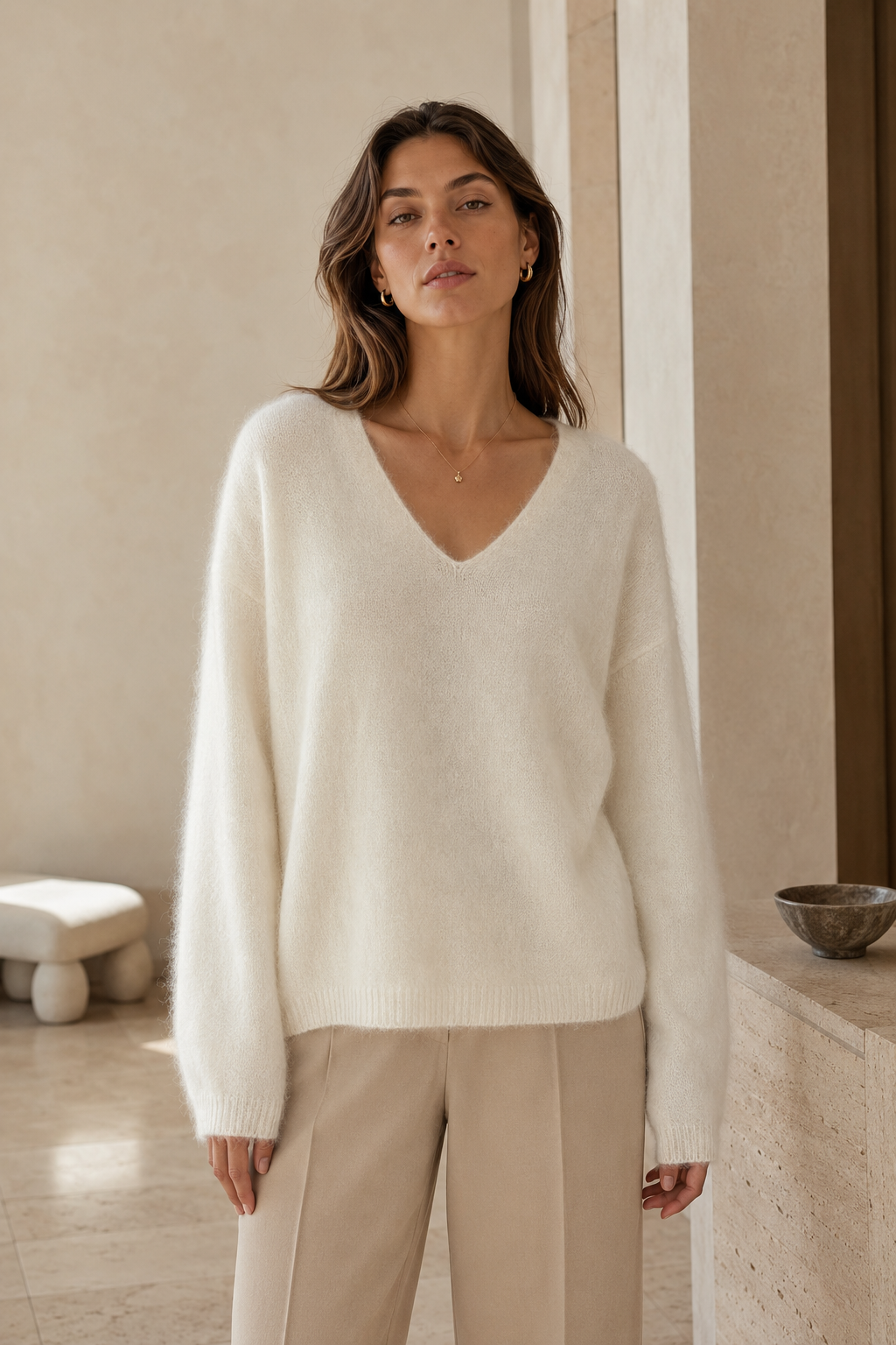 Luxe Wool-Cashmere-Silk V-Neck trui