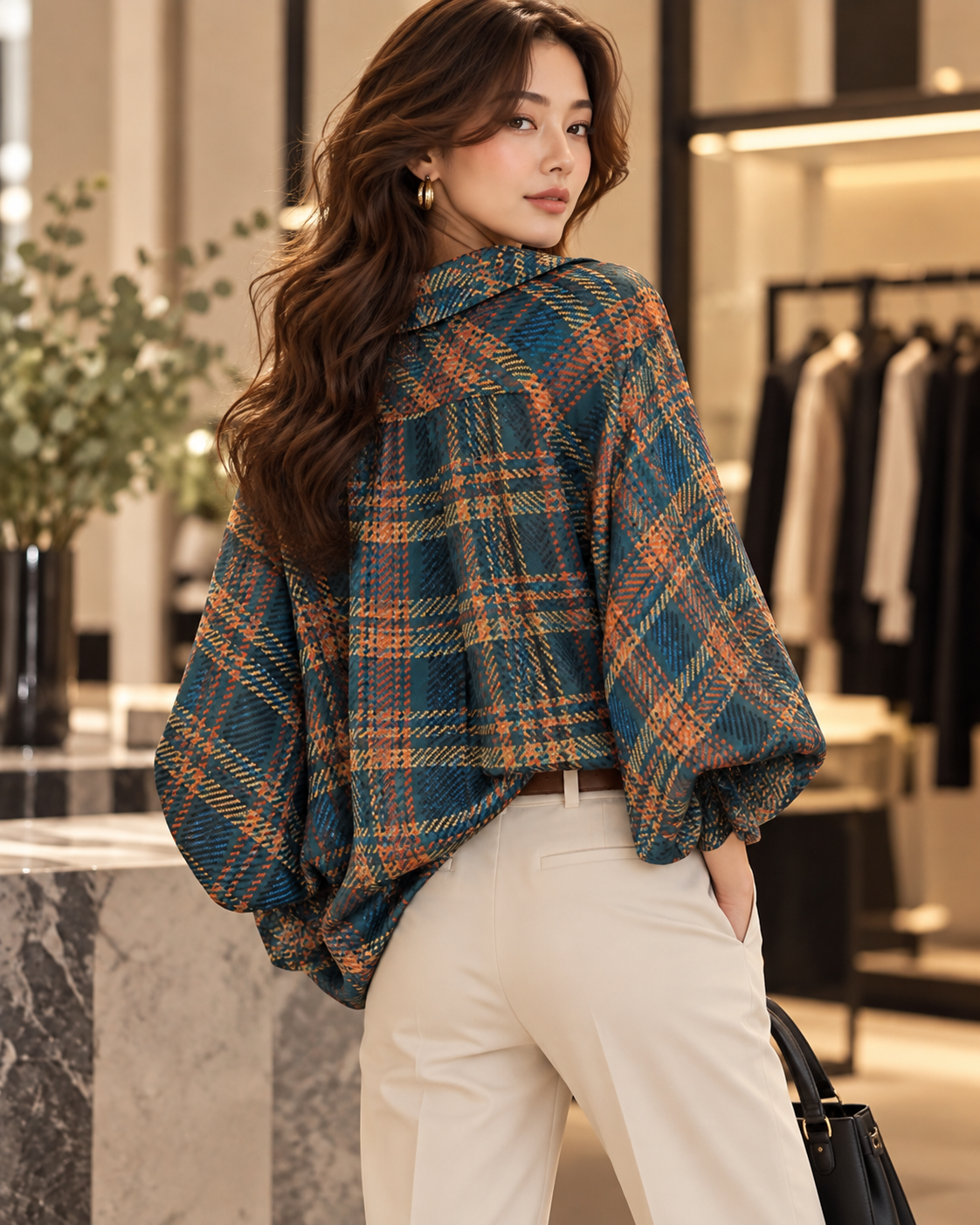 Oversized Check Balloon Blouse