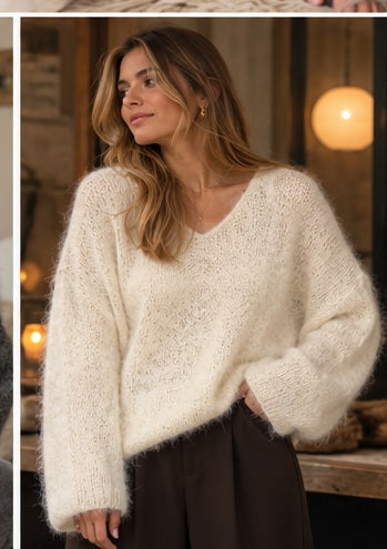 Fluffy V-Neck Knit Sweater