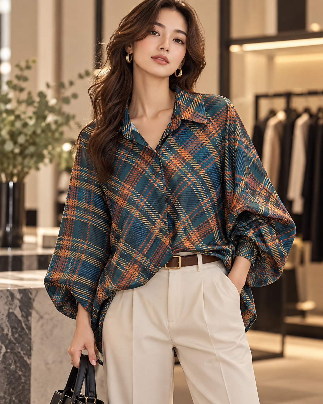 Oversized Check Balloon Blouse