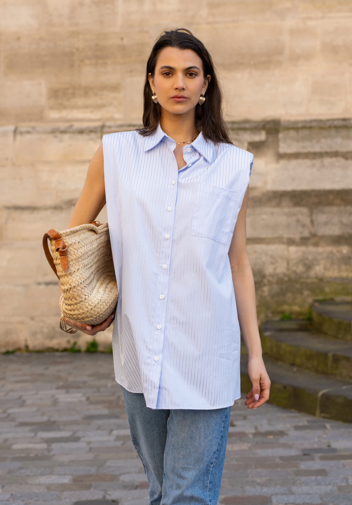 Mouwloos blouse met gestreepte schouderstukken