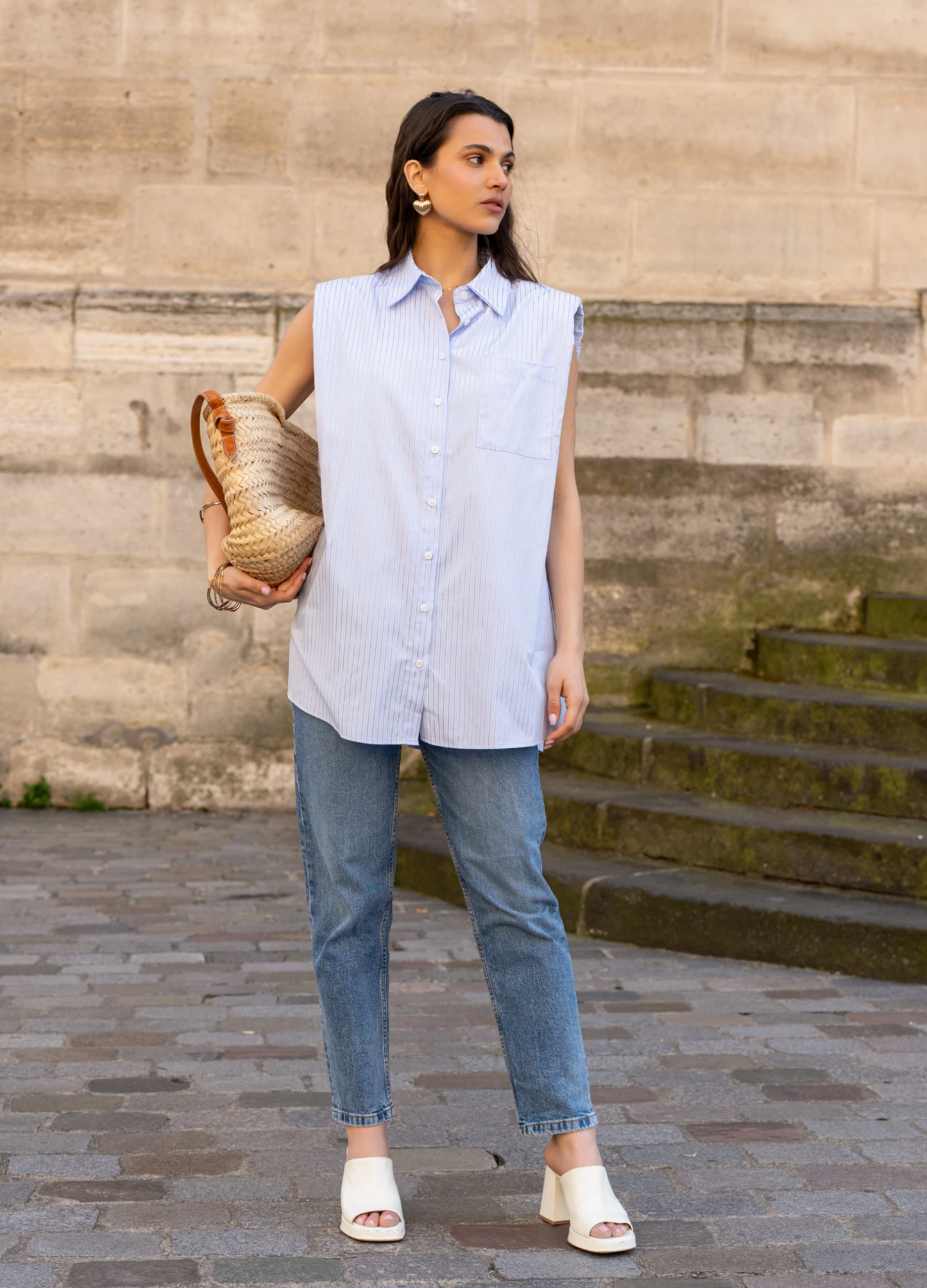 Mouwloos blouse met gestreepte schouderstukken