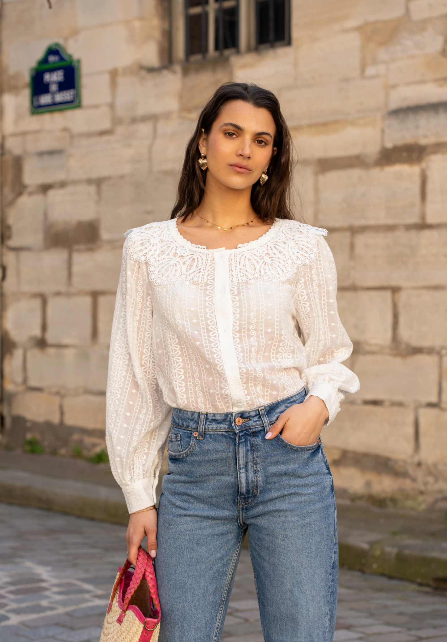 Geborduurde blouse met geborduurde kraag