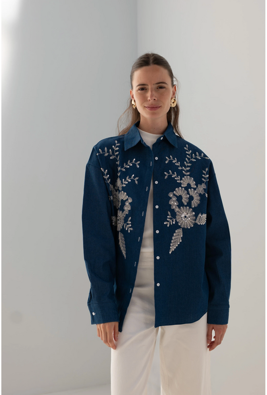 Denim overshirt met strass-steentjes