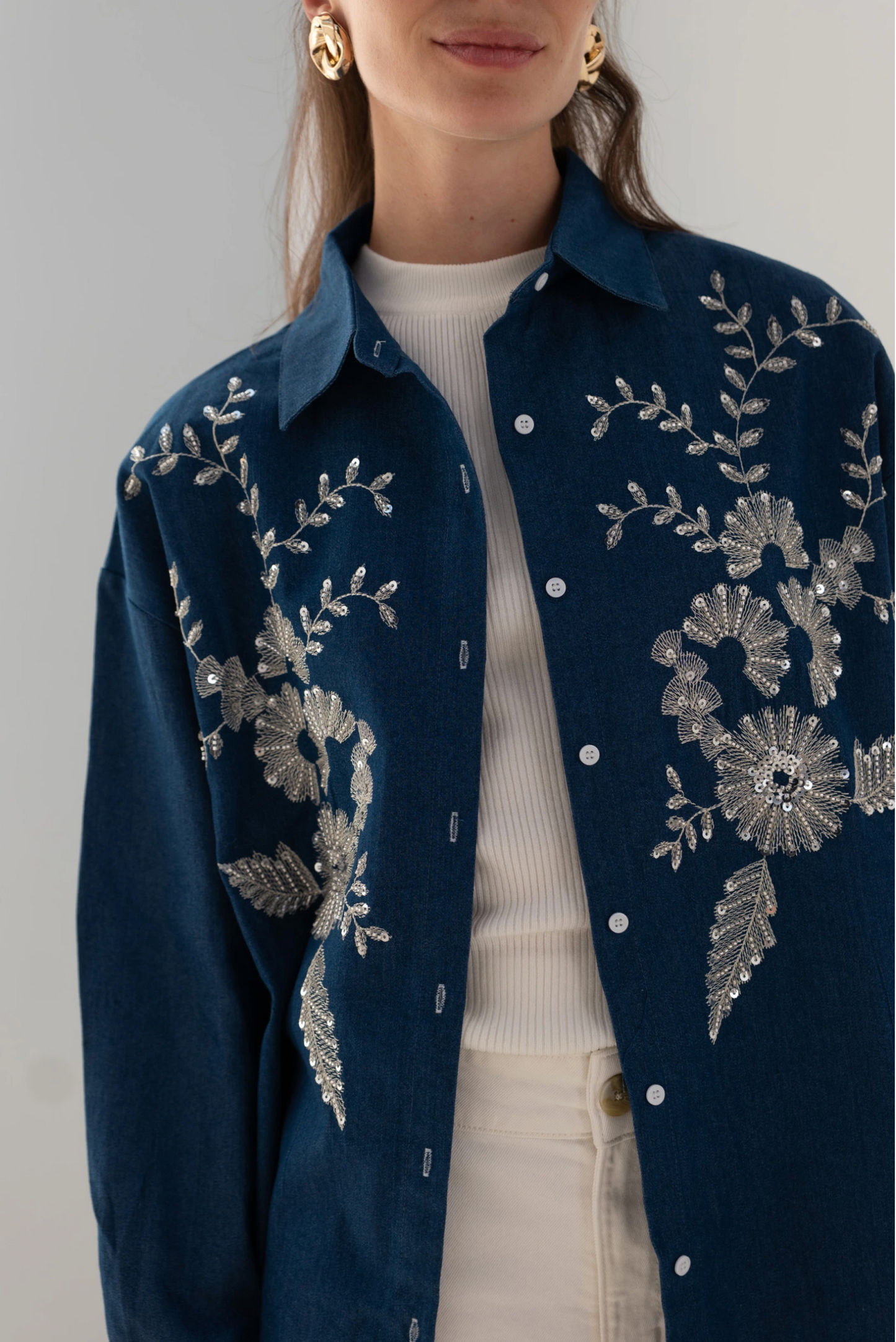 Denim overshirt met strass-steentjes