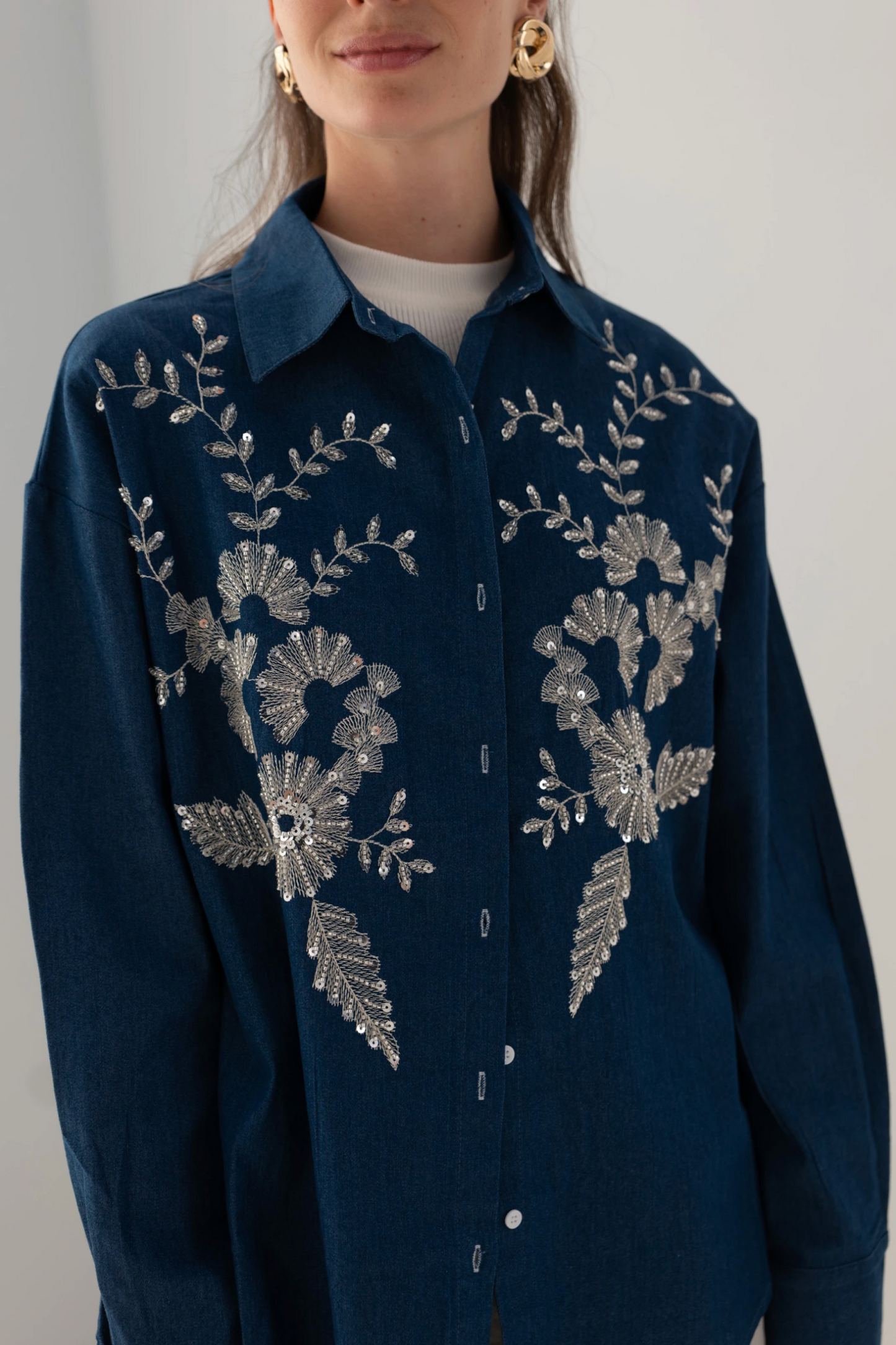 Denim overshirt met strass-steentjes