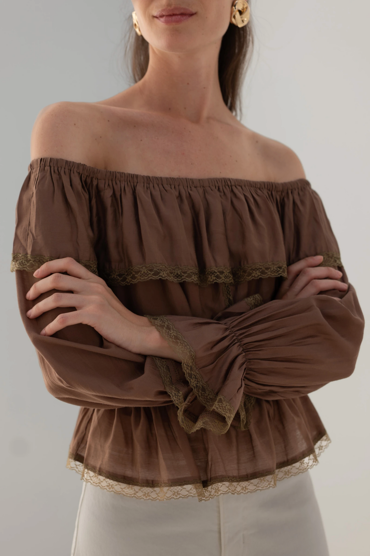 Off-shoulder Tencel-blouse met kant