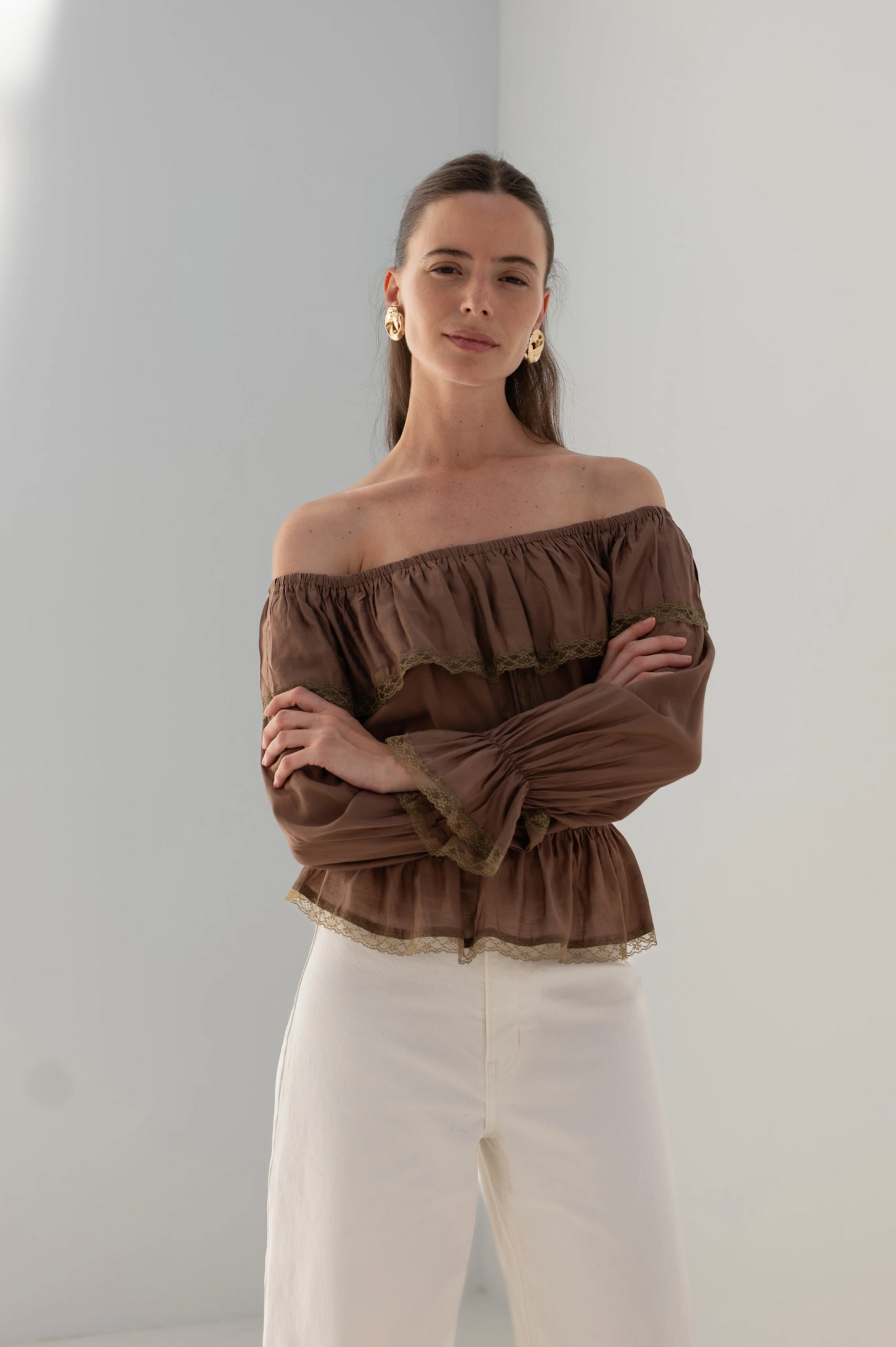 Off-shoulder Tencel-blouse met kant