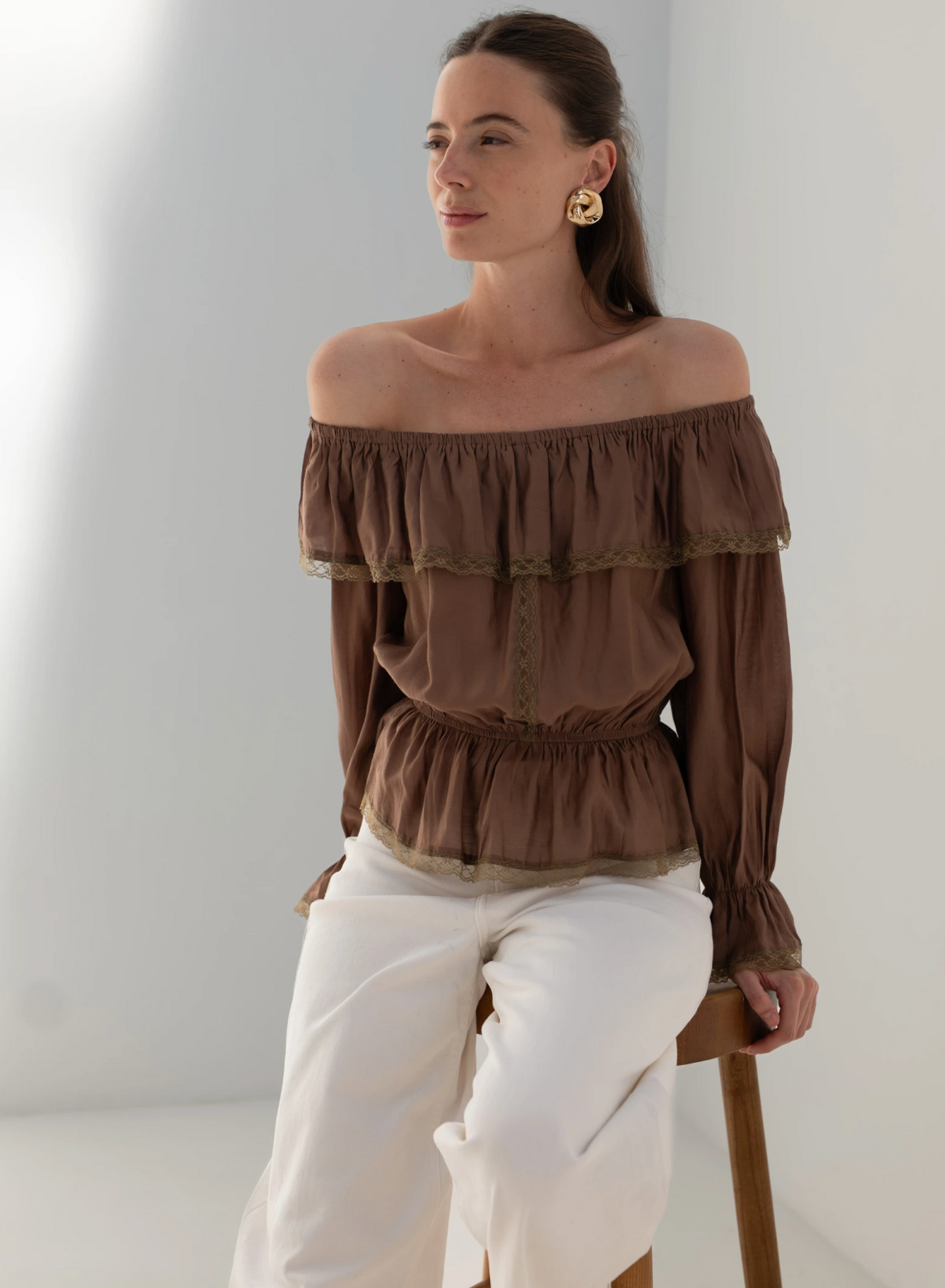 Off-shoulder Tencel-blouse met kant