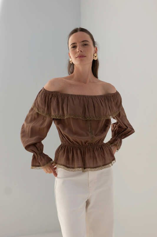 Off-shoulder Tencel-blouse met kant