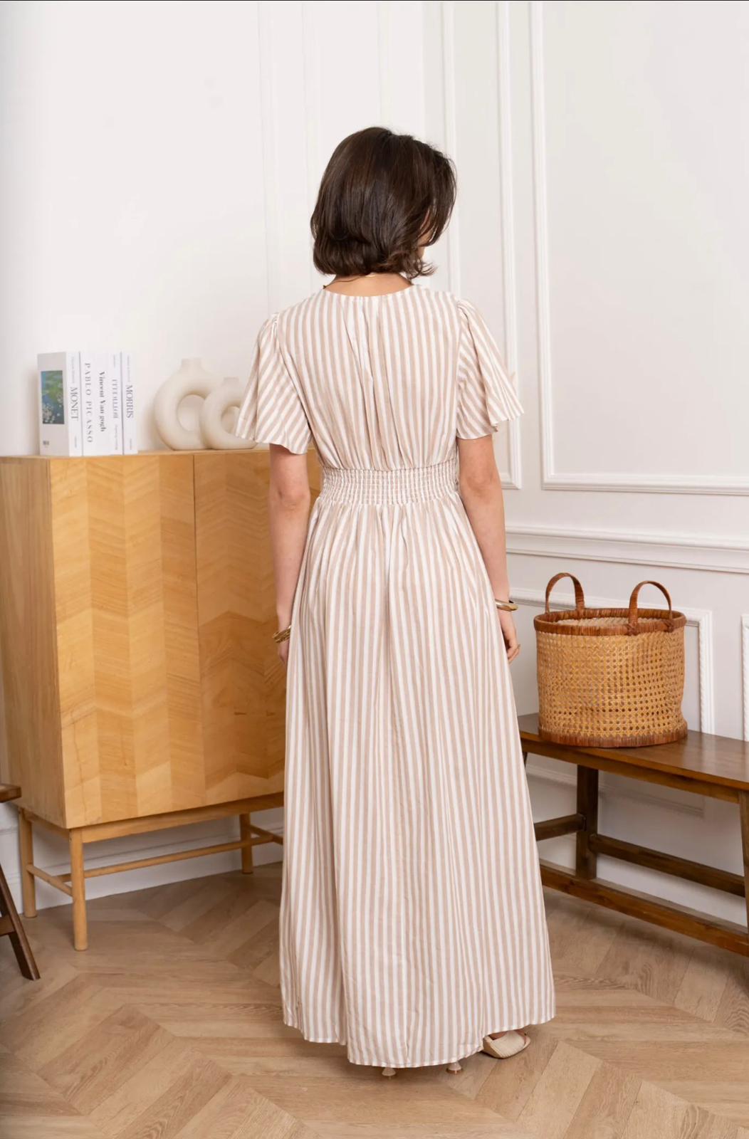 Gestreepte Maxi Jurk met Geplooide Taille