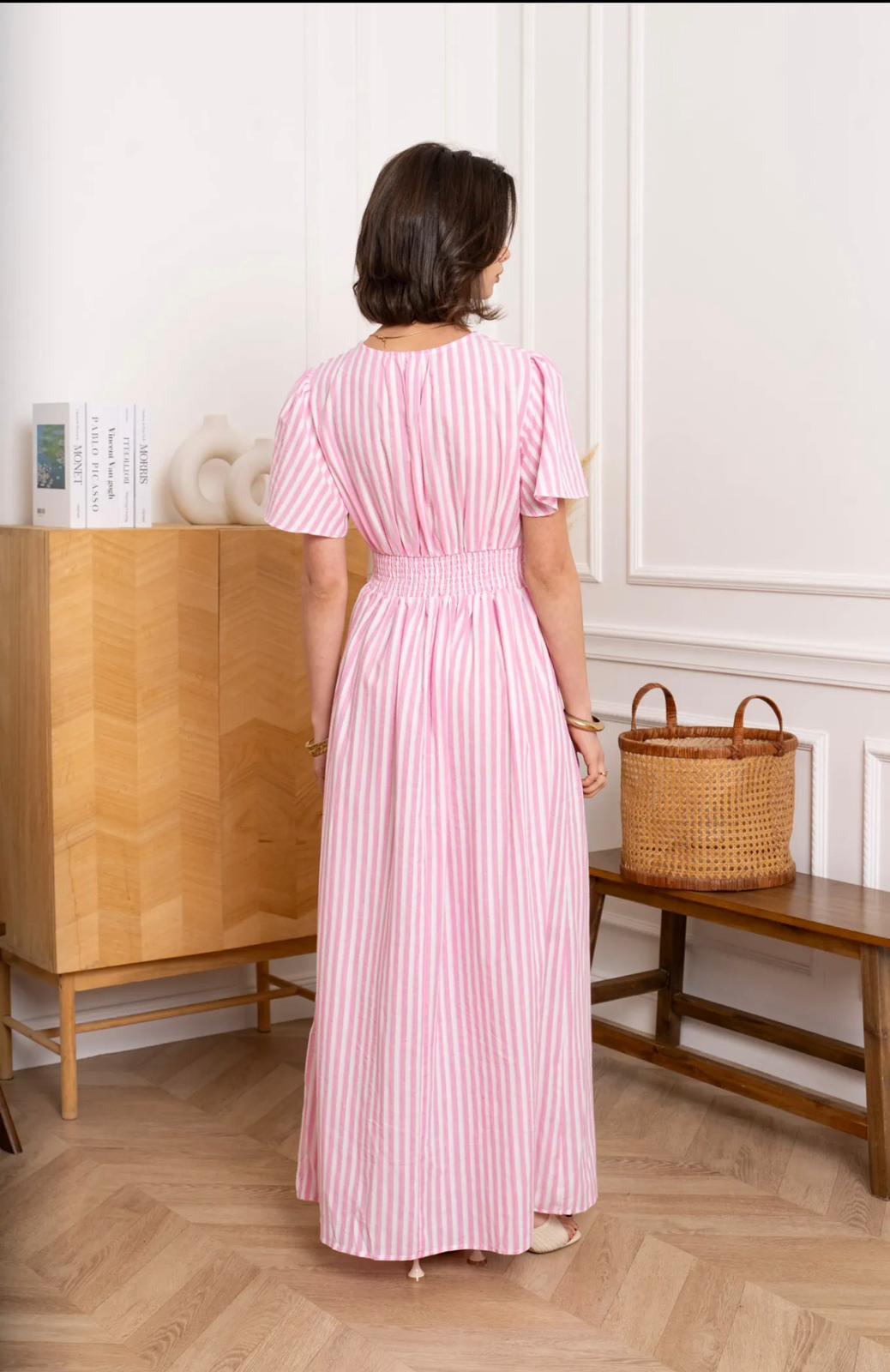 Gestreepte Maxi Jurk met Geplooide Taille