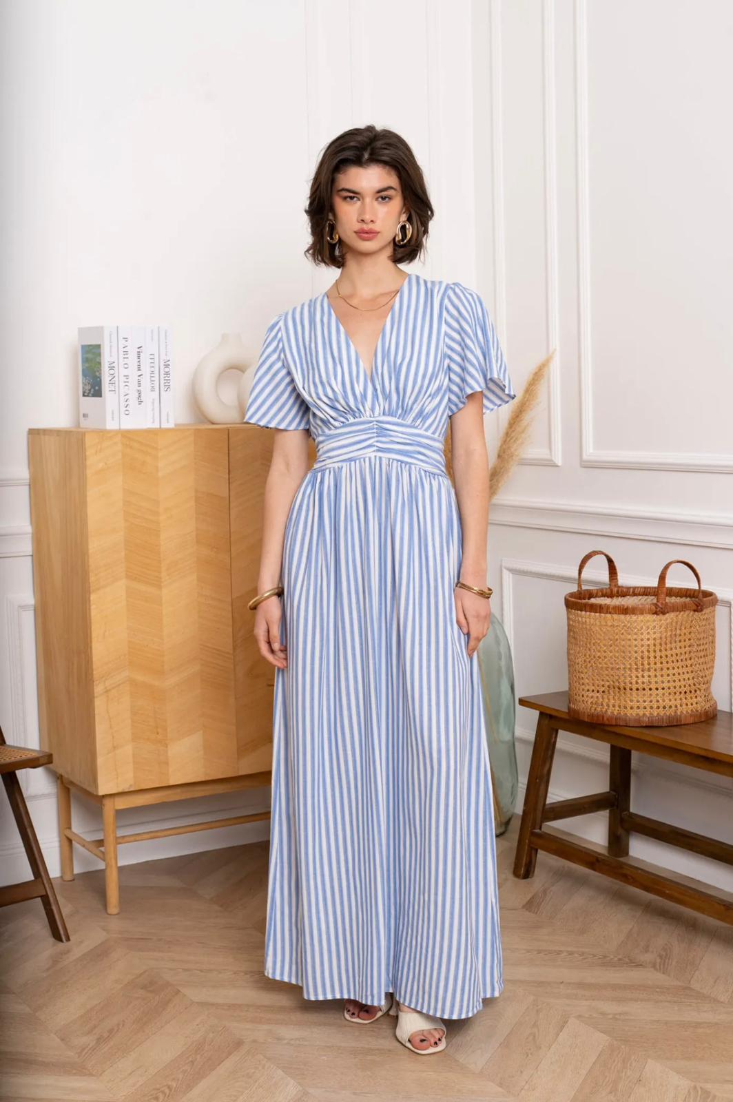 Gestreepte Maxi Jurk met Geplooide Taille