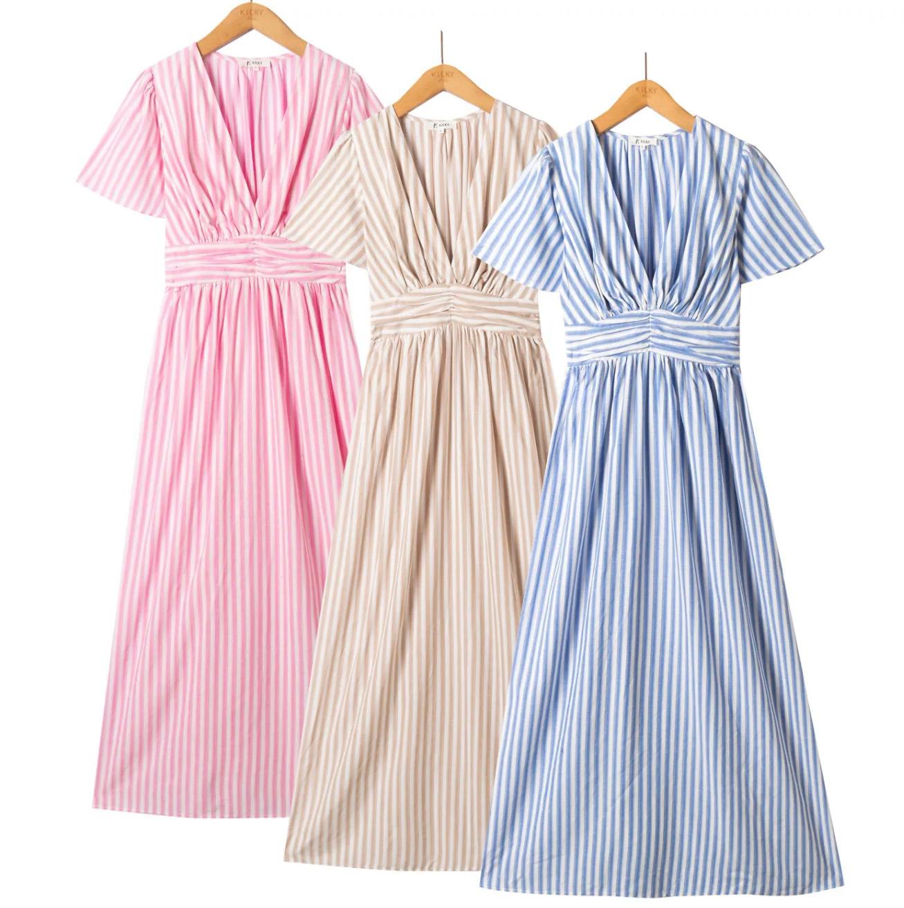 Gestreepte Maxi Jurk met Geplooide Taille